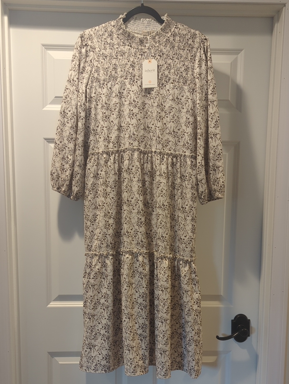 Inherit Smocked-Neck Floral Midi Dress — Cream with Brown Floral